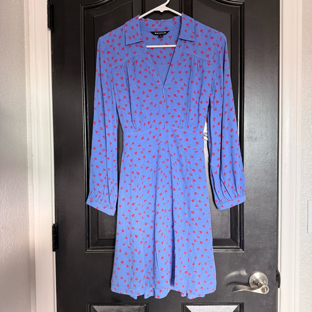Whistles Blue Long Sleeve Floral Print Dress with Red/Pink Accents